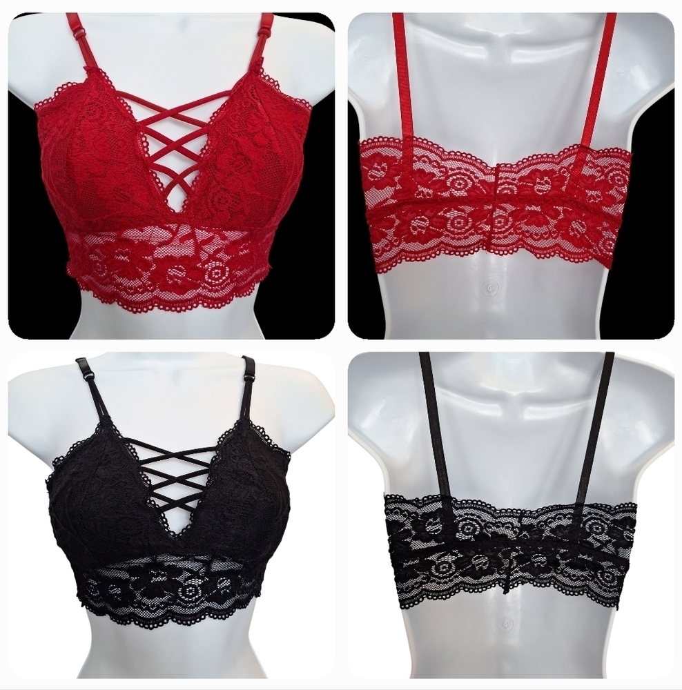 Red and Black Cross Front Lace Sexy Brawlette. Size Small NWOT
